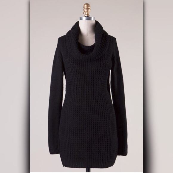 B3 / A308 • Black Cowl Neck Cable Knit Tunic Sweater Dress - Picture 4 of 5